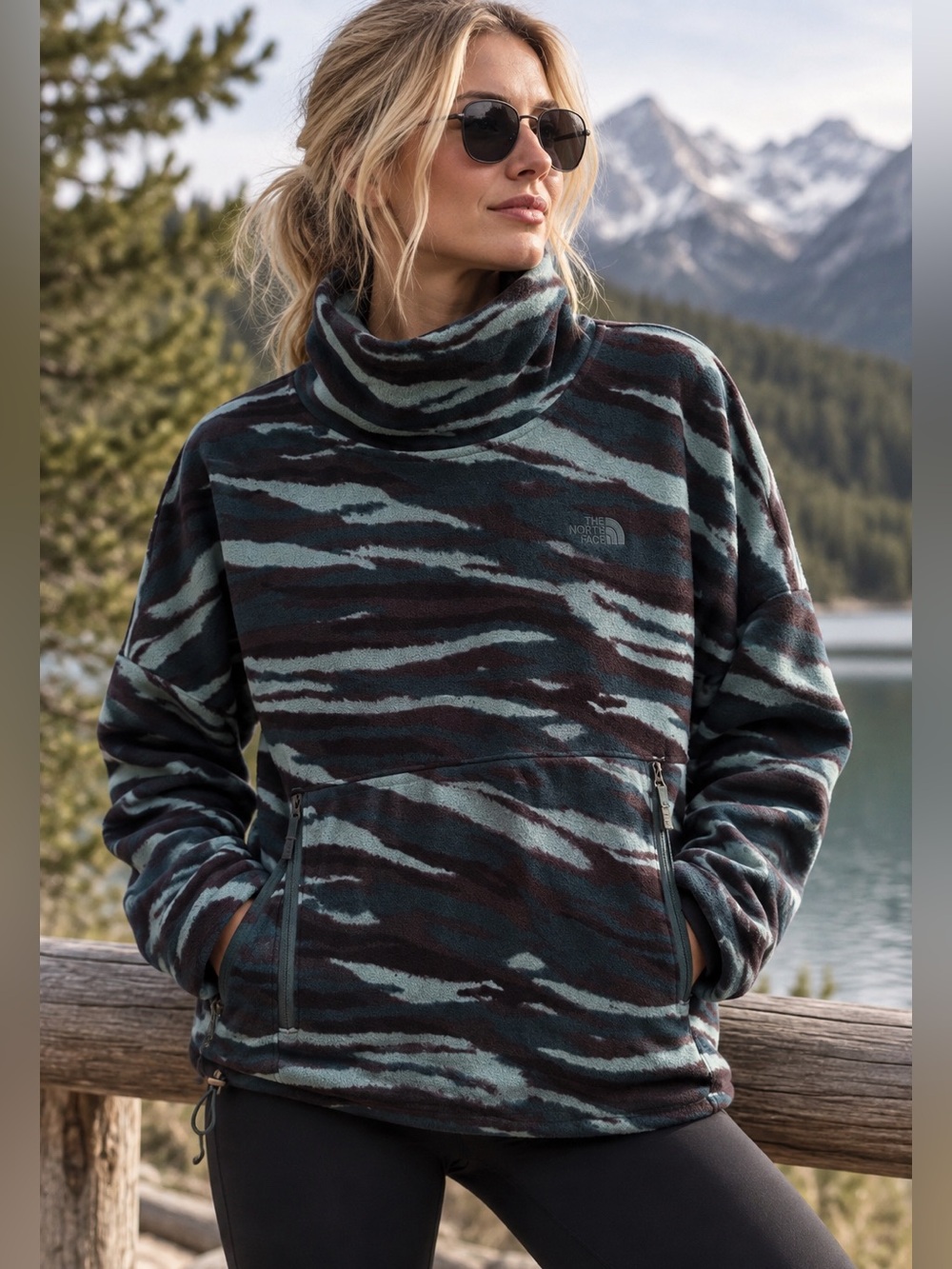 The North Face Abstract Zebra Camo Print Funnel Neck Fleece Pullover M